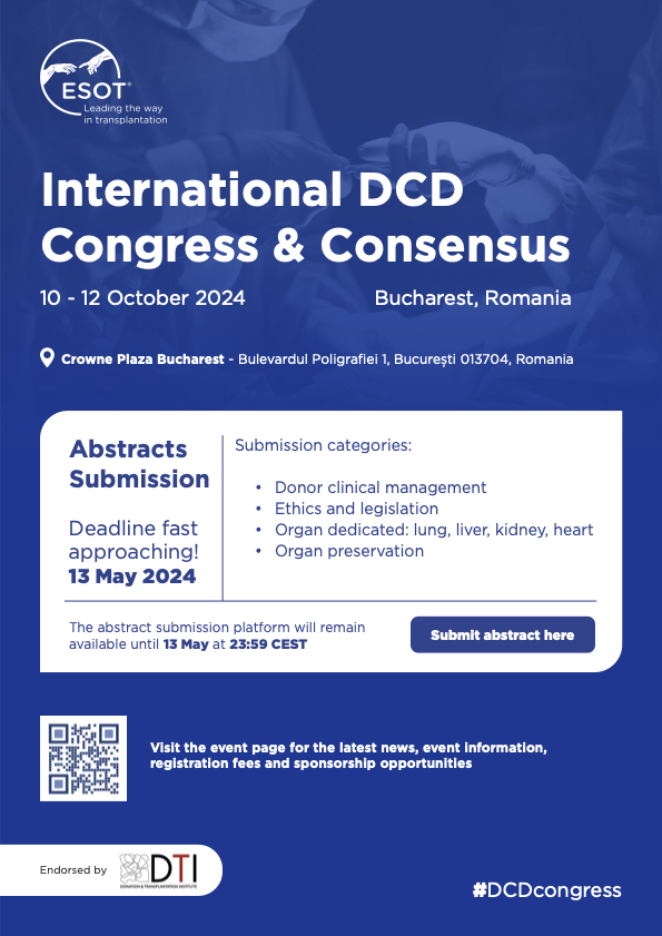 Submit your abstract for the International DCD Congress by 13 May. You will have the chance to be part of a global 🌐dialogue on this crucial aspect of organ donation & transplantation. ℹ️ go.esot.org/dcdcongress_co… #DCDcongress #DCDconsensus @gabriel_oniscu @BDGuezGil @prof_cillo…
