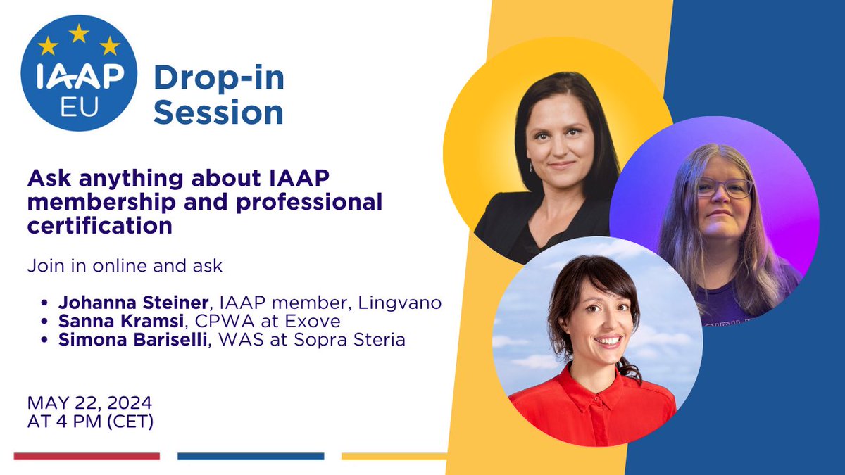 Are you curious about #IAAP professional #accessibility certification and membership? Hear from certified professionals what the certification has meant to them. Listen and be inspired by Johanna Steiner Sanna Kramsi and Simona Bariselli 22 May 4-5 PM CET us06web.zoom.us/meeting/regist…