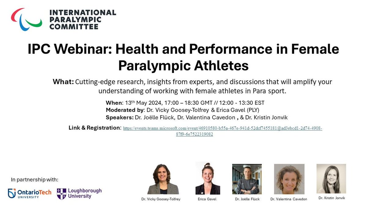 Join @lborouniversity and the International Paralympic Committee for a collaborative webinar on Health and Performance in Female Paralympic Athletes. Date: 13th May 2024 Time: 17.00 - 18.30 GMT / 12.00 - 13.30 EST To register, please follow the link: events.teams.microsoft.com/event/46910580…