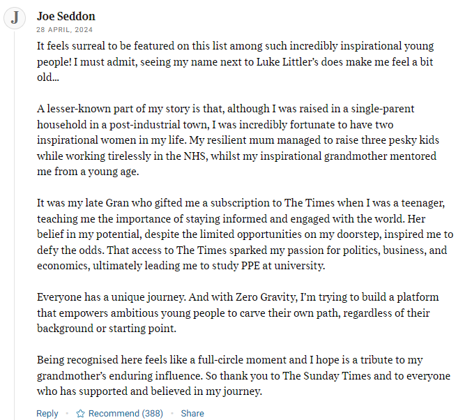 One of the most touching - and most inspiring - comments ever left under one of our @thetimes stories. Thank you @whatjoedid, who was responding to his appearance in our first-ever Young Power List. thetimes.co.uk/article/young-…