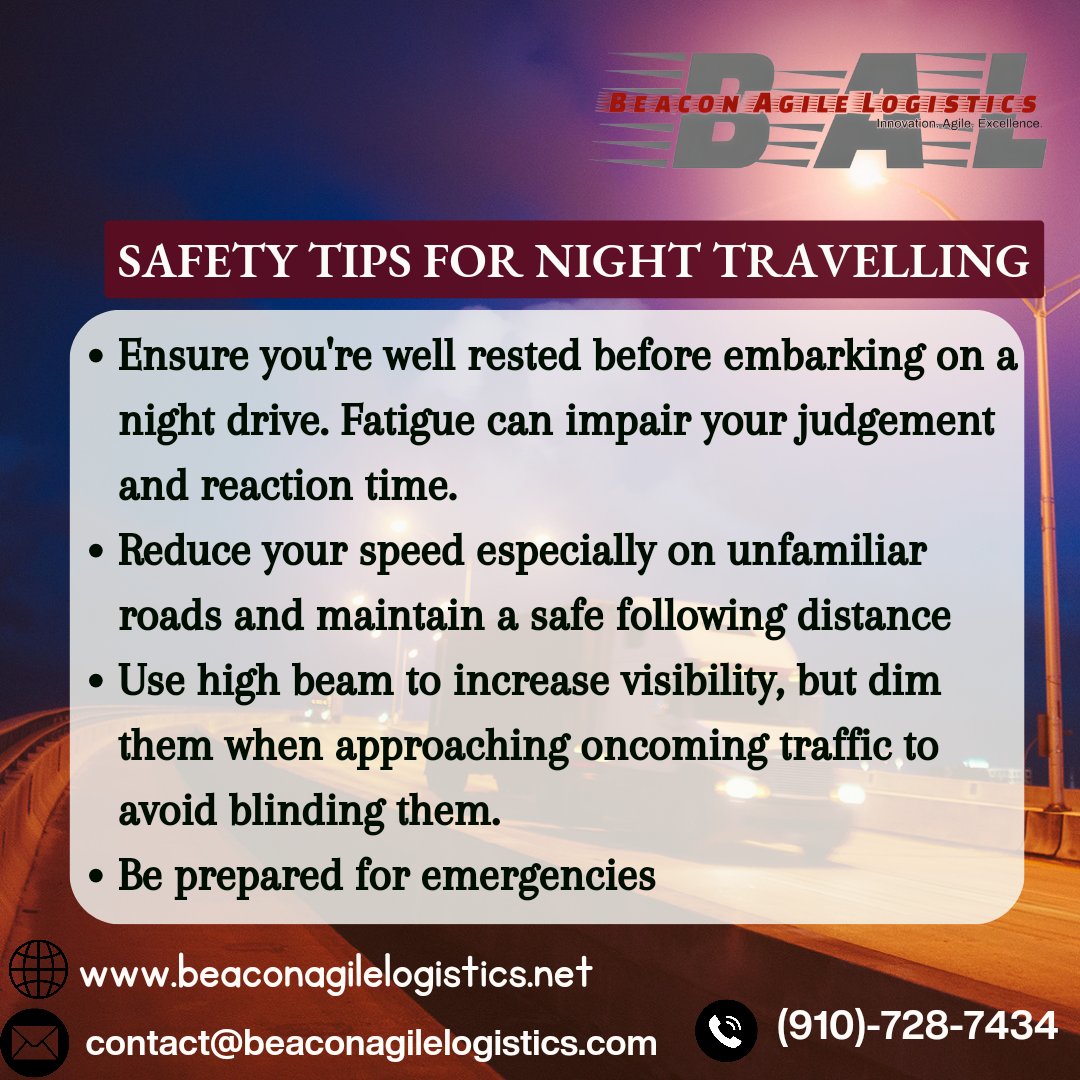 Remember these tips, whenever you drive at night. They are the simplest way to keep safe whenever you get behind the wheel. 🚛🌠

#logisticsexcellence
#supplychainexcellence
#logistics 
#freight 
#freightbroker #freightmanagement 
#logisticsmanagement #truckbroker
#supplychain