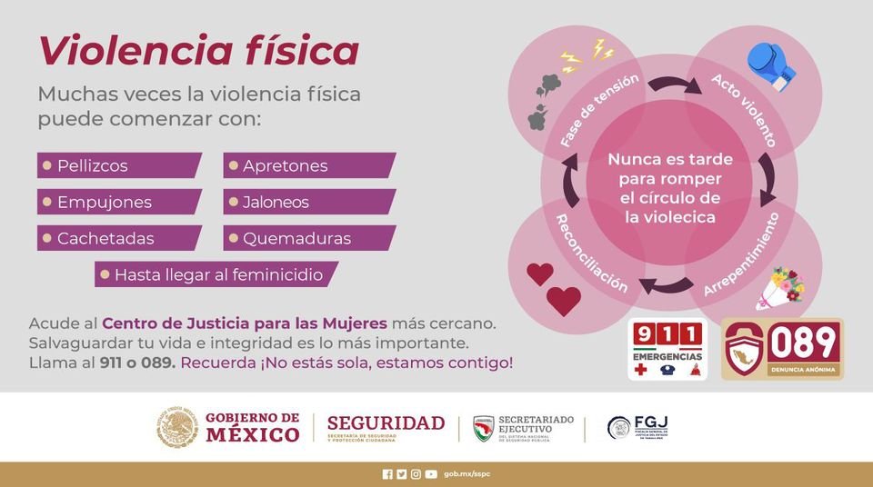 Prevención, Atención y Erradicación de la Violencia contra las Mujeres #CONAVIM
Centros de Justicia para las Mujeres #CJM
#089DenunciaAnónima
#CulturaDeLaNoViolencia