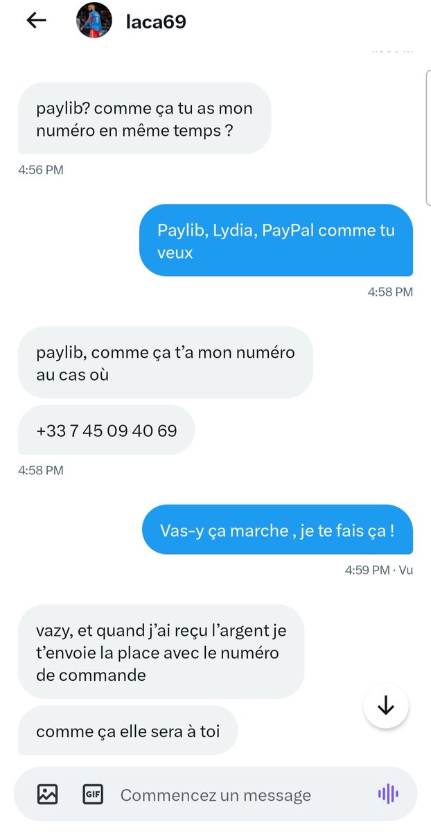 La #TeamOL, attention aux arnaques encore plus sur un match comme la finale ! Entre ceux qui revendent plusieurs fois la même place et ceux qui ne vendent que du vent...
Il y aura certainement une vente grand public sur la billetterie de la FFF, patience.
⚠️ Exemple ci-dessous :