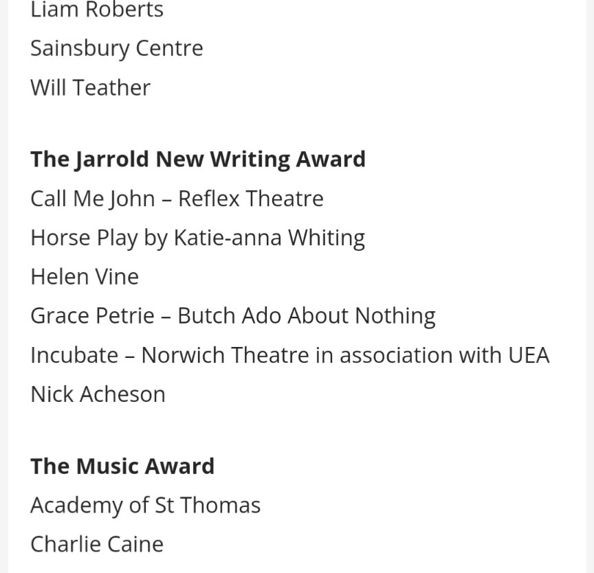 Incubate has been nominated for a Norfolk Arts Award! <a href="/UEADrama/">UEA Drama Studio</a>
<a href="/NorwichTheatre/">Norwich Theatre</a>
If you happened to be involved or saw the showcase please give it a vote: norfolkartsawards.org