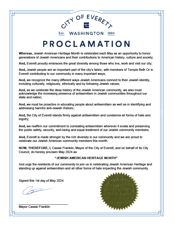 May is Jewish American Heritage Month. Join us in honoring and celebrating the contributions Jewish Americans have made throughout history and today. Read @MayorCassie's proclamation to learn more about our City's stance against antisemitism and all forms of hate. #OneEverett