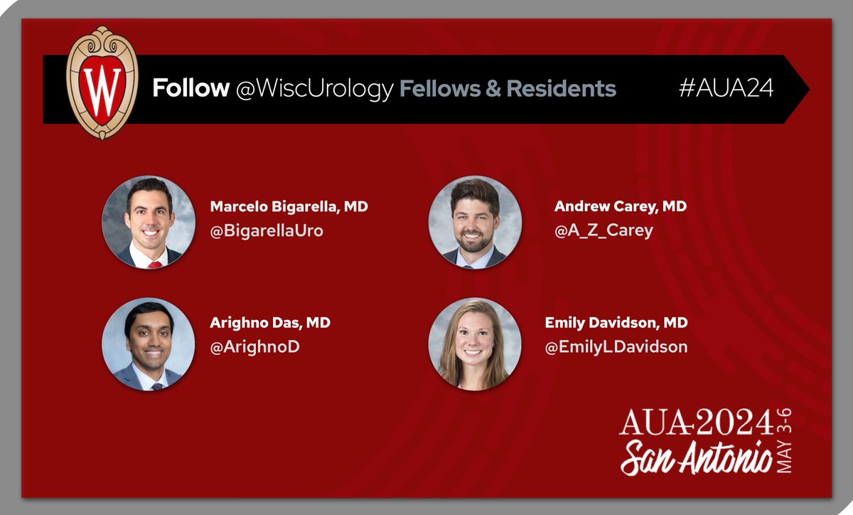 Is everyone ready for #AUA2024? We sure are! With 18 faculty & 6 trainees in attendance, UW Urology will have a strong presence at #AUA24. Follow these members of our team for updates – and check out our full presentation schedule here: urology.wisc.edu/wp-content/upl… @NakadaSteve