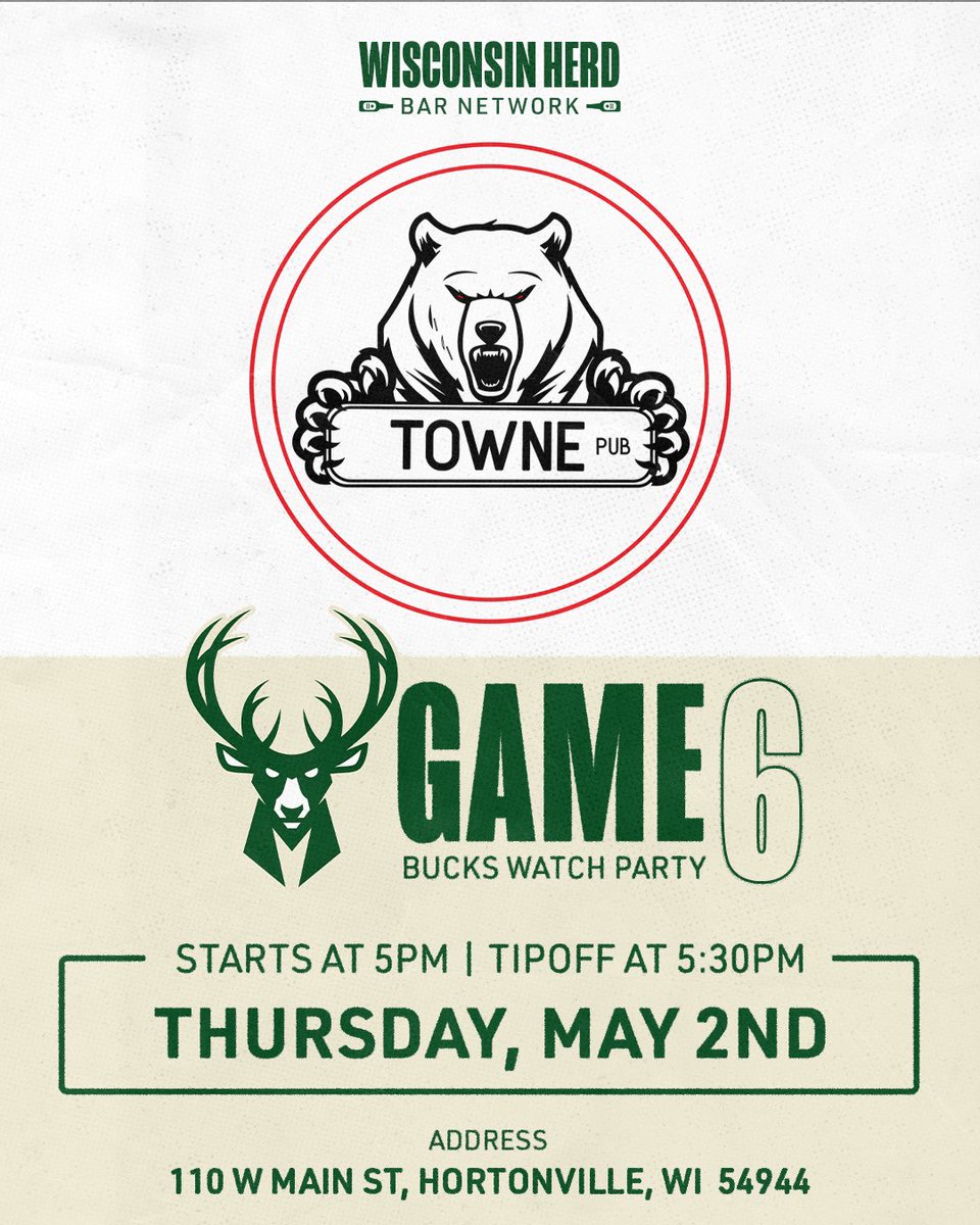 Bucks Game 6 Watch Party at Bear Towne Pub tonight! Come and join us for some food and drinks while cheering on the Bucks 🦌🎉 WE NEED EVERYONE IN ATTENDANCE Starts at 5 PM CST, Tip-off at 5:30 PM CST!