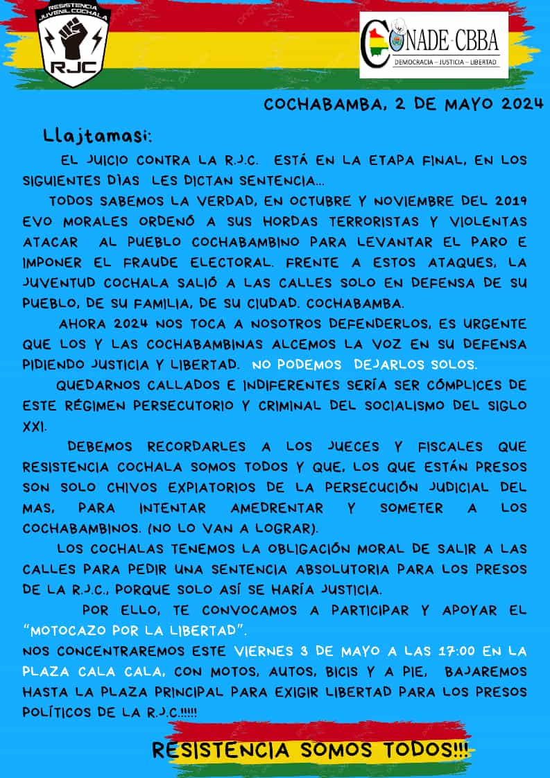 @LosTiemposBol @Lizethberamendi @GHRL_ORG @exilioboliviano @HamdanFernando @Carolin40038812 @RiosDePie @miguelcgangel @CasalMauri #Cochabamba Este viernes 3⃣ de mayo ⏰17:00 pm 🌄Plaza de Cala Cala 🇧🇴 Motocazo Por la #libertad Ven participa con tu: 🚗Auto 🚙Vagoneta 🏍️motocicleta 🚲bicicleta 🛴patineta 🦽Silla de ruedas 🚶‍♀️a pie #TodosSomosResistencia #NoLosDejemosSolos