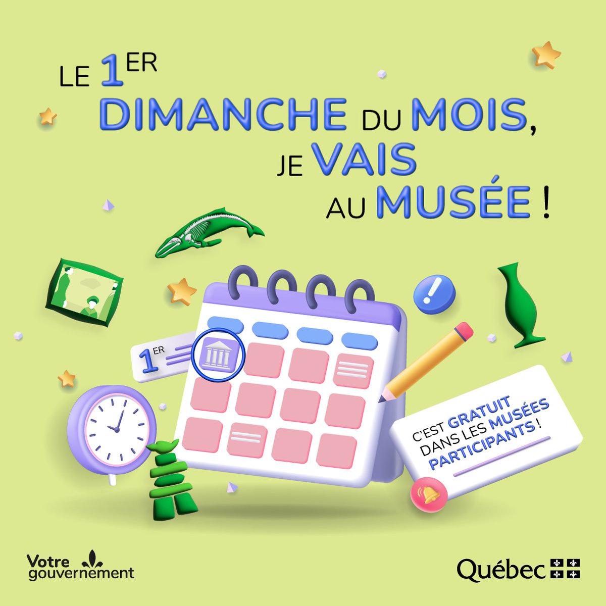 Ce dimanche, c'est «Le premier dimanche de chaque mois, je vais au musée»! bit.ly/DimancheMusees Renseignez-vous auprès des institutions muséales de votre région pour connaître leurs modalités d'ouverture! #DimancheAuMusée #MuséesQc