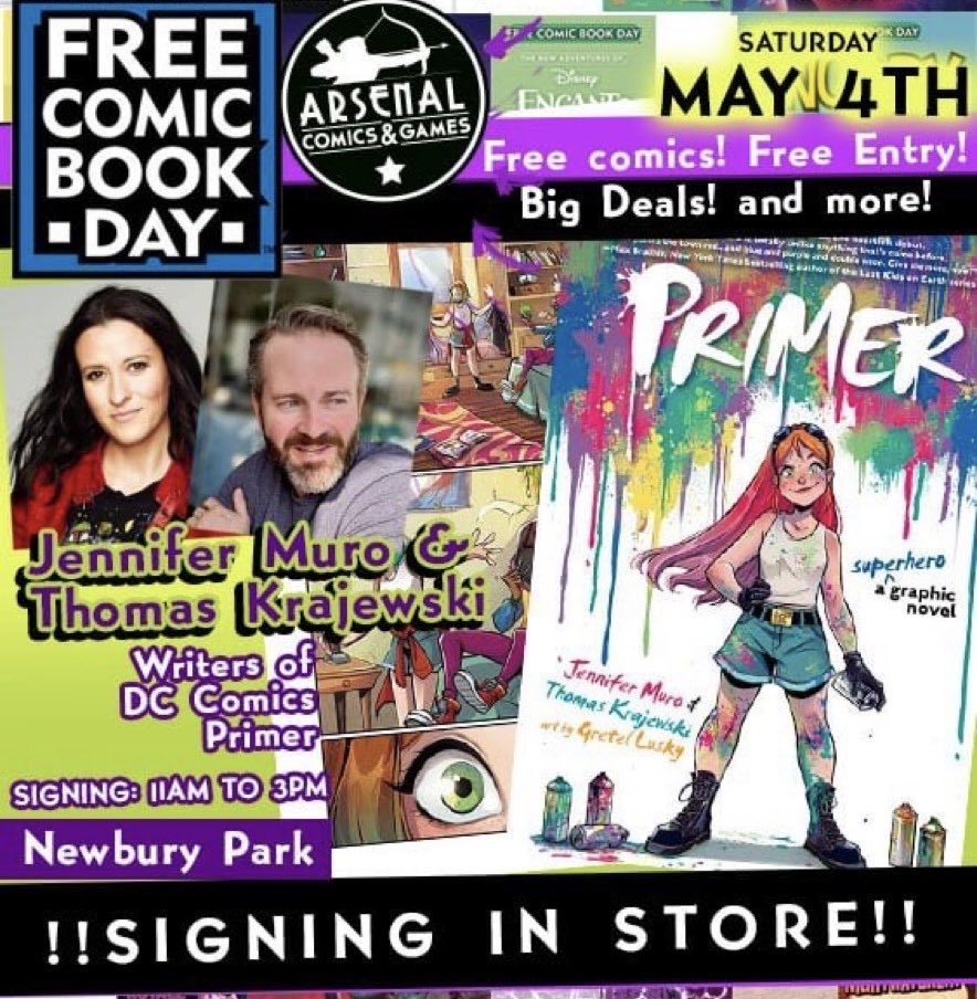 Just a reminder that we’ll be signing Primer books (and I’ll also be signing my Batman story) this Saturday, nationwide Free Comic Book Day, at @arsenalcomicsandgames in Newbury Park! 11-3! Come by and say hi! @DCOfficial @jennifermuro