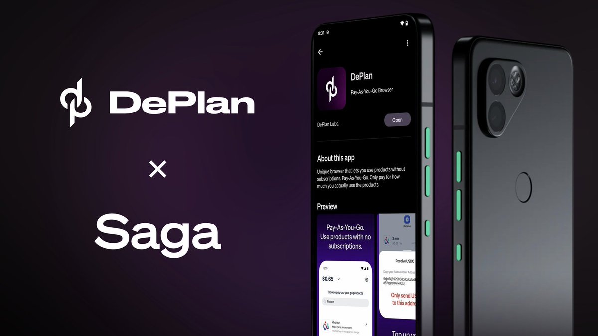The new era just started 🤝 We're so happy to announce that DePlan is now LIVE on @solanamobile dApp Store 🥳🎉 Now every SAGA user can try in action the revolutionary Pay-As-You-Go business model that's Only Possible On @Solana🔮 This is how 👇