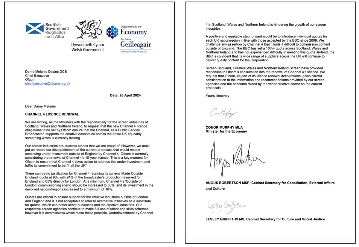 Good to meet with culture ministers from UK, Welsh and NI governments and raise shared concerns about @Channel4 support for creative economies across the entity UK equitably, which is currently lacking. Hopefully the @DCMS will support devolved administrations call to @OFCOM👇