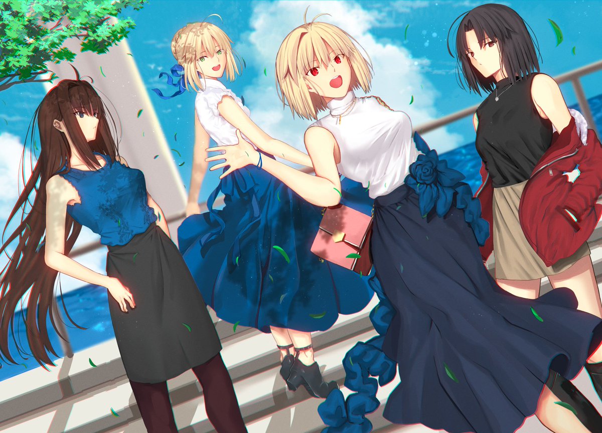 aozaki aoko ,arcueid brunestud ,artoria pendragon (fate) ,ryougi shiki ,saber (fate) long hair breasts looking at viewer smile open mouth short hair shirt  illustration images