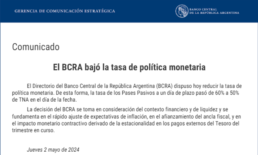 BCRA anuncia nueva baja de tasa del 60% al 50% de TNA.