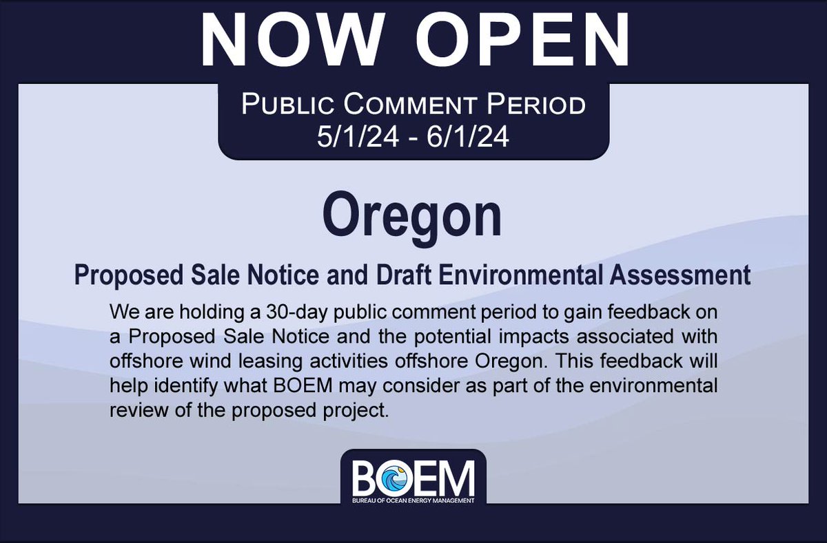 We are seeking comment on the Oregon Proposed Sale Notice and the draft Environmental Assessment. These comments will inform provisions for a proposed sale and our understanding of the potential impact of leasing in the area. Details: ow.ly/vfLT50RuUM8