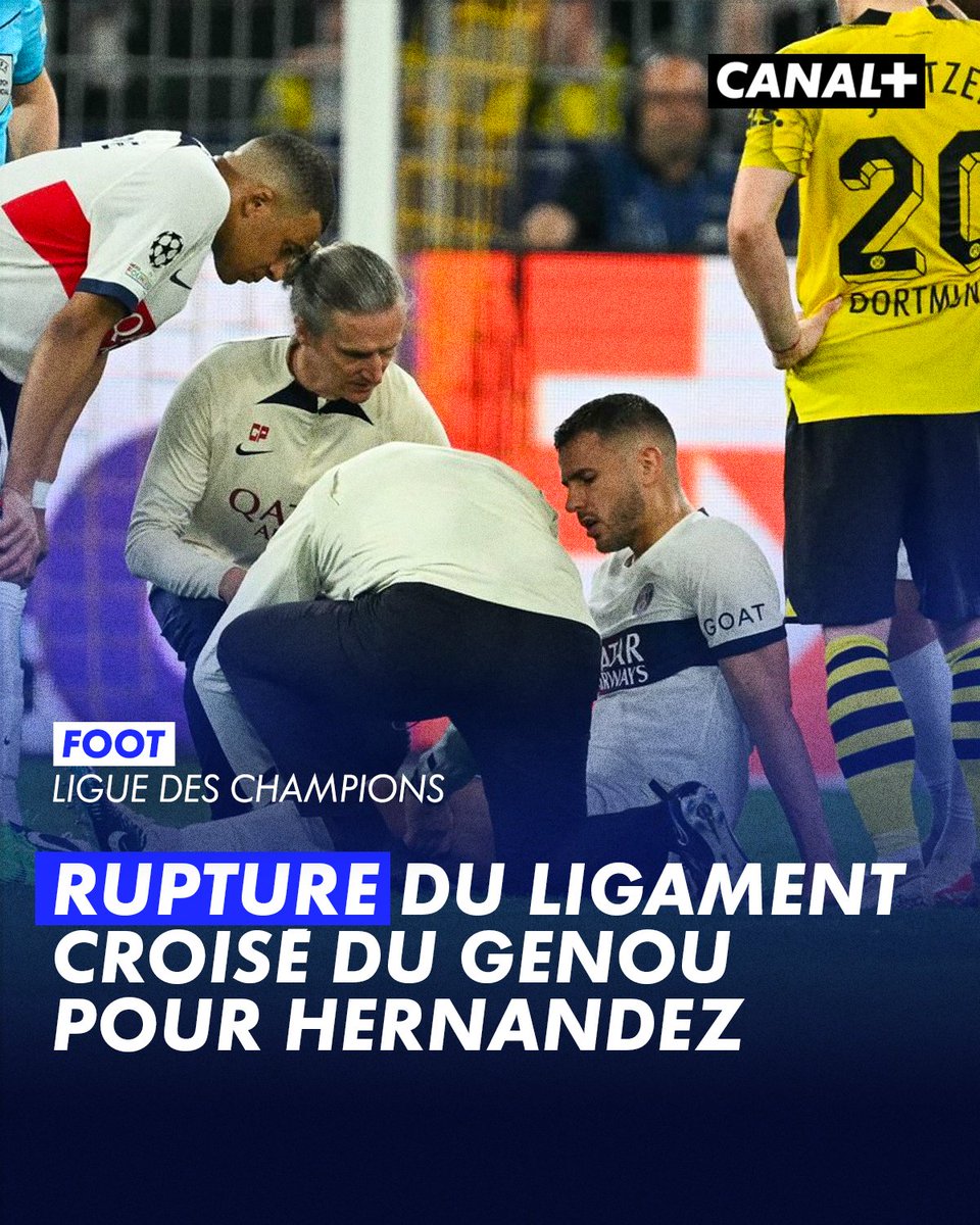 Lucas Hernandez forfait pour l'Euro 2024 ! 🚨 Blessé hier soir face à Dortmund, le défenseur du PSG souffre d'une rupture du ligament croisé antérieur du genou gauche ❌ #BVBPSG | #UCL