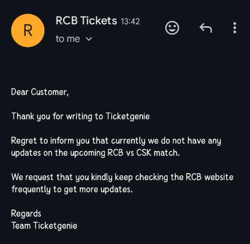 #RCBvsCSK Update 🚨:

Guys we had a chat with RCB officials , they mentioned that Ticket will be released within 7 days from today. After that we reached Ticketgenei solutions they informed as below👇. Check ✅ it out from May 3 onwards at 9.30 PM
#SRHvsRR #MSDhoni𓃵 #ipltickets
