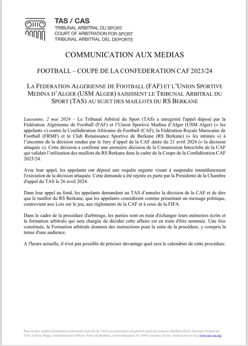 Le TAS de Lausanne adresse une communication aux Médias !

🔴 l’affaire est bien en cours d’instruction à son niveau… ⏳⚖️

#tas #lausanne #berkane #usma #caf