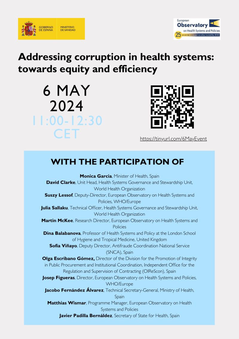 This event held with @sanidadgob will present where corruption manifests in health systems & how enhanced focus to curb corruption can help sustain progress towards #UHC. 📅 Watch live Monday 6 May 11:00 CET, in English & Spanish bit.ly/3y1q2gd (link active on the day)