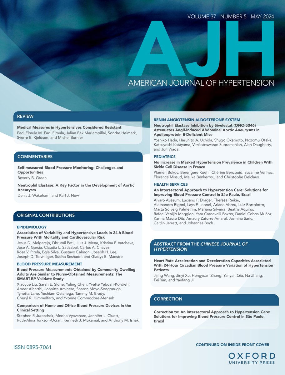 Another month, another issue of the journal! 🔗academic.oup.com/ajh/issue/37/5 This month we have 5 original research papers, with two commentaries and a review including research on BP measurement since it is #MayMeasurementMonth #MMM2024