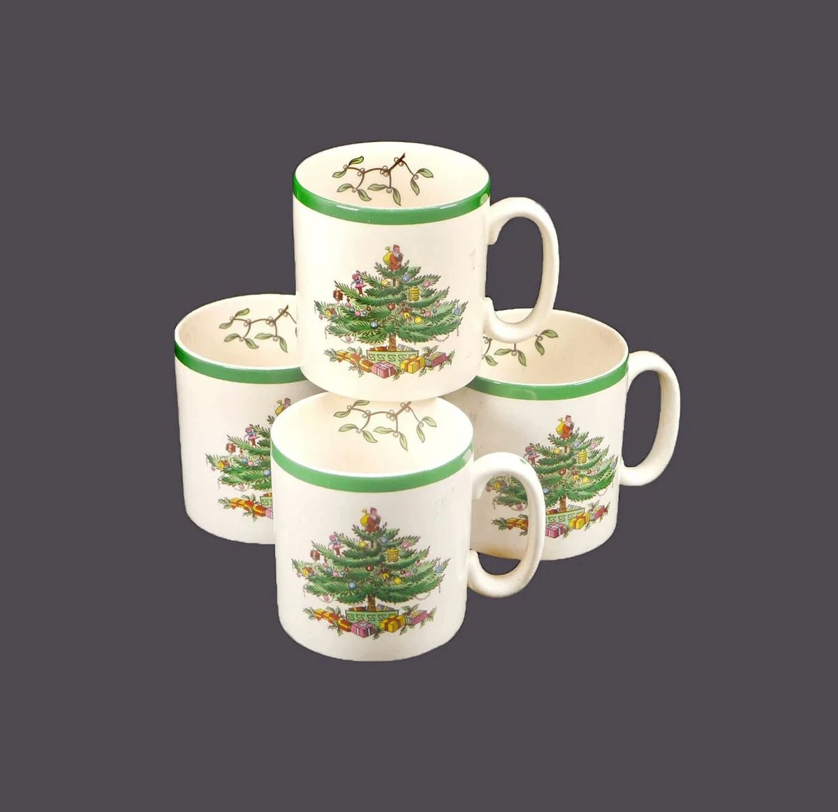 Four Spode Christmas Tree S3324 coffee or tea mugs made in England. etsy.me/44se7Ek via @Etsy #BuyfromGroovy #antiqueshop #tabledecor #tableware #dinnerware #Christmasdishes #Christmas #Spode #SpodeChristmas #Christmascoffee #Christmastea #EtsySellers