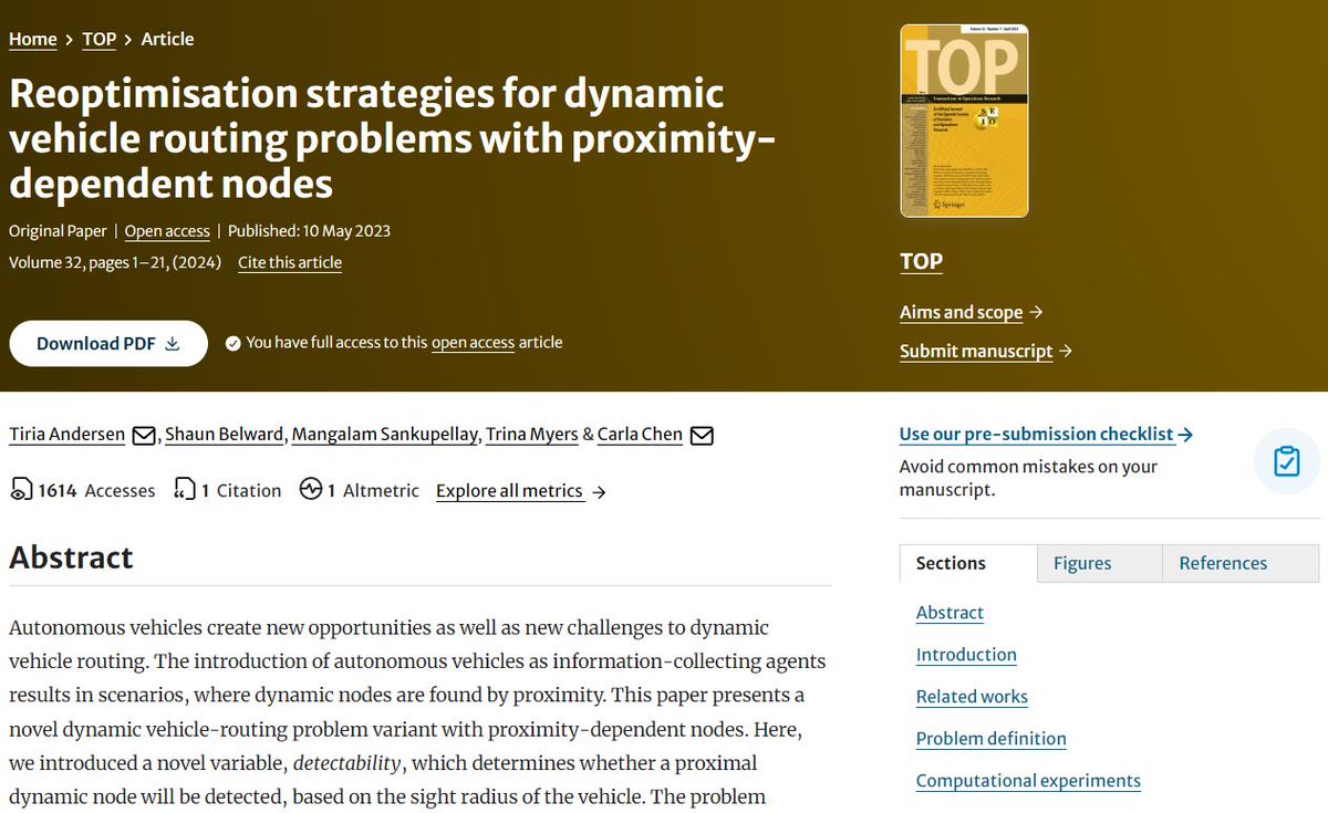 🔓 You have full access to this #OpenAccess article from TOP: Reoptimisation strategies for dynamic vehicle routing problems with proximity-dependent nodes by Tiria Andersen, Shaun Belward et al. doi.org/10.1007/s11750… @antonioayuso @DoloresRomeroM @SEIO_ES