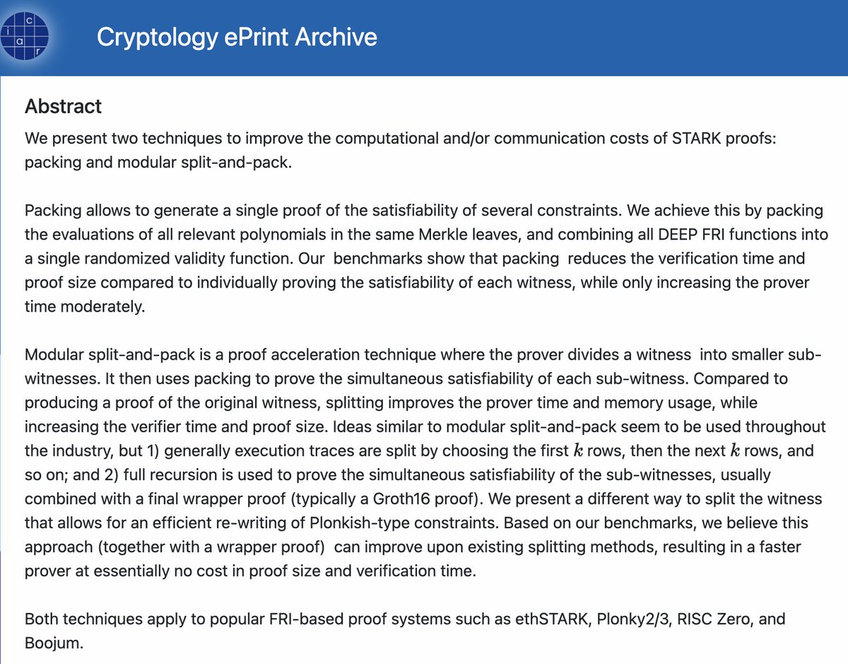"On amortization techniques for FRI-based SNARKs" 🔥 Newly published research paper by Nethermind Research &amp; <a href="/YSU_official/">Yerevan State University- YSU</a> describes two new techniques for optimizing STARK proofs:

🔹Packing: Generates a single proof for multiple constraints by reusing Merkle leafs and batching