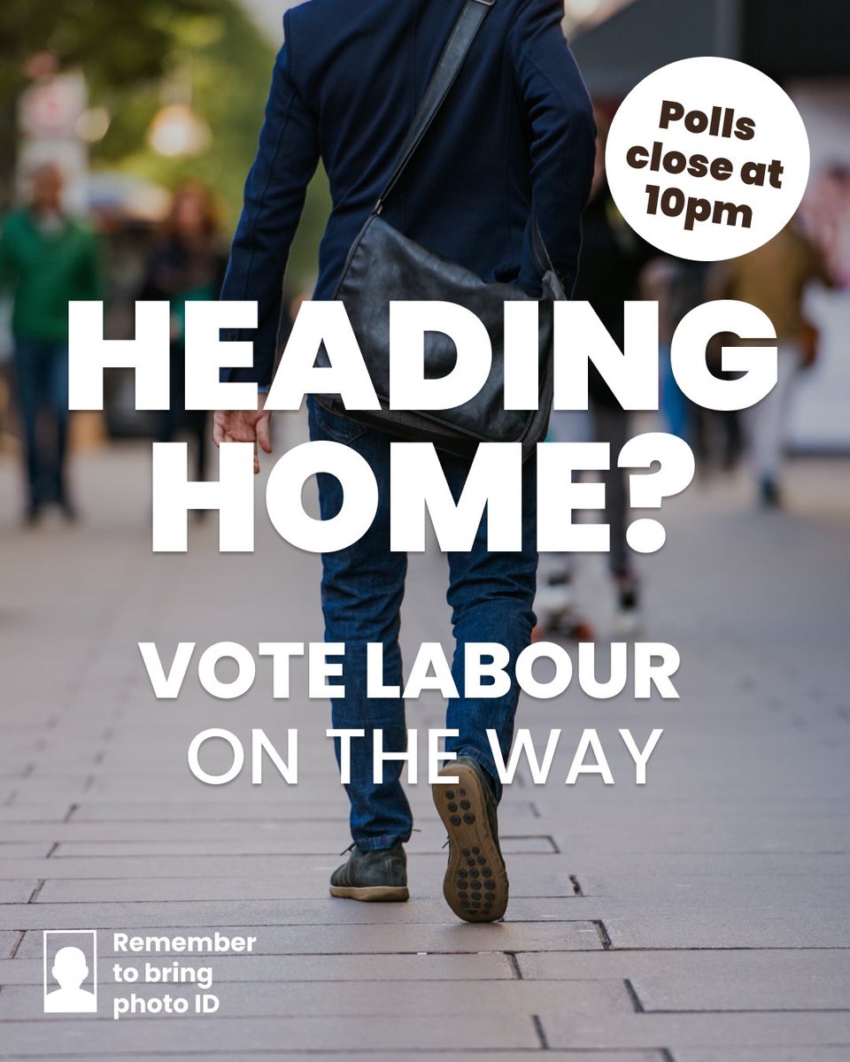This evening you have the chance to vote for safer streets, better transport and to get Britain building. You also get to have your say on 14 years of Tory failure. Vote Labour this evening. 🌹 Don’t forget your ID 🪪