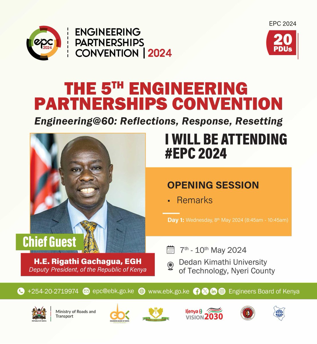 #EPC 2024: Honored to have the Deputy President, H.E. Hon. Rigathi Gachagua attend the upcoming 5th Engineering Partnerships Convention (EPC) 2024. He will be presiding over the official opening of the convention on the 8th of May, 2024. Register: ebk.ectizen.go.ke 🗓…