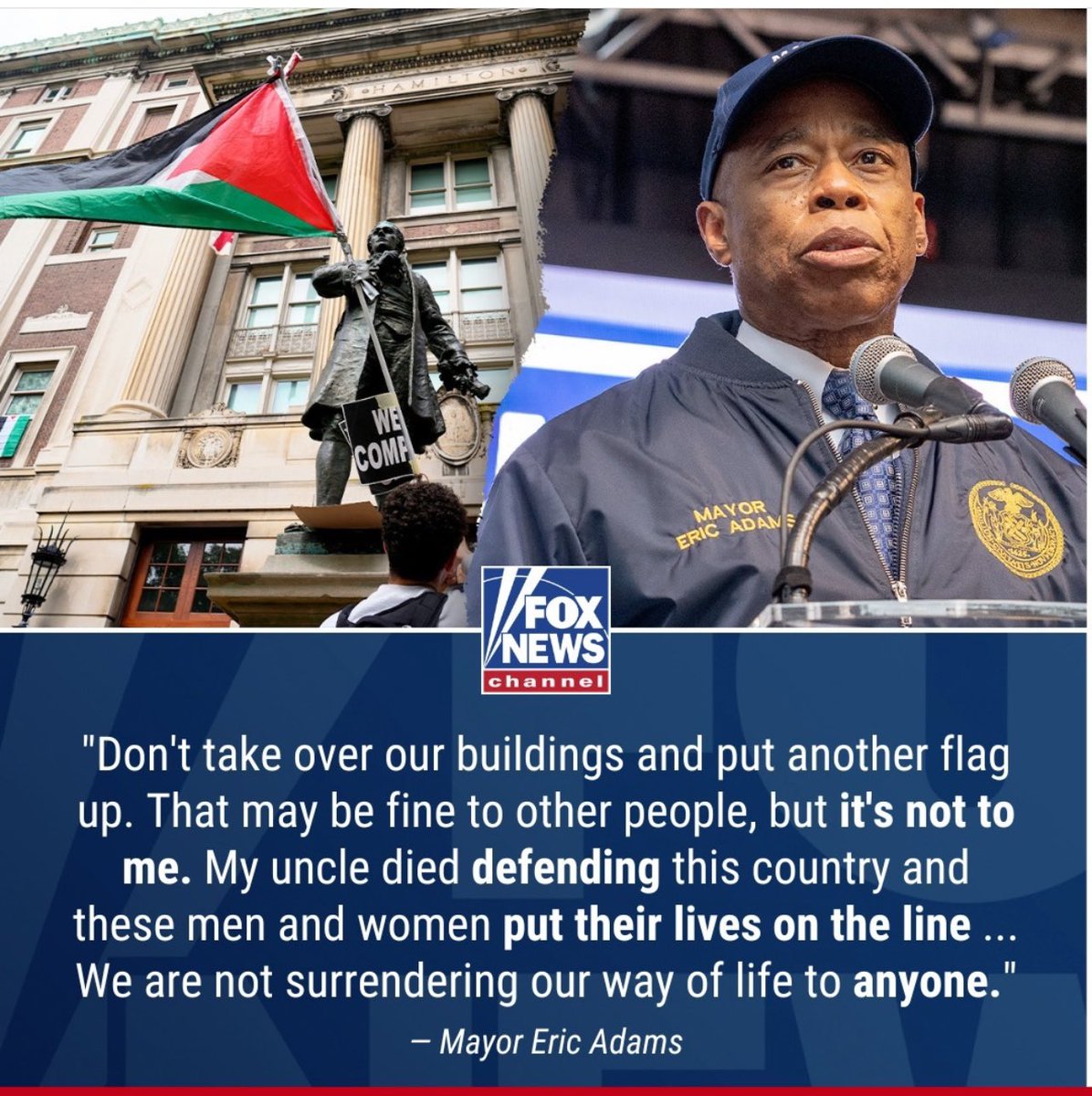 This has actually earned him some respect from me. The American flag should fly before all others in our country. Now, Mayor Adams just needs to keep criminals off the streets.