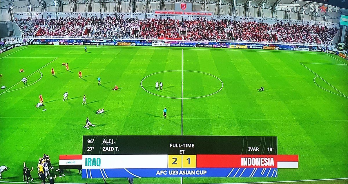 O Iraque 🇮🇶 vence a Indonésia por 2-1 na prorrogação e fica com a 3ª vaga da Ásia no futebol masculino ⚽️ para os Jogos de #Paris2024. O país só tinha 1 classificado até agora. Resta à Indonésia 🇮🇩 o playoff intercontinental contra Guiné 🇬🇳 em jogo único na próxima quinta-feira.