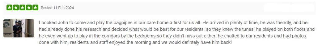 Thank You to Mandy @ #Penybont care home #Abertillery for this lovely recommendation after my visit in Jan 2024 :-)

#BagpiperSouthWales #Bagpipes #EbbwVale #Brynmawr #Abergavenny #Monmouth #Caerphilly #Blackwood #Aberdare #Gwent #Pontypool #MerthyrTydfil #Rhymney #Tredegar