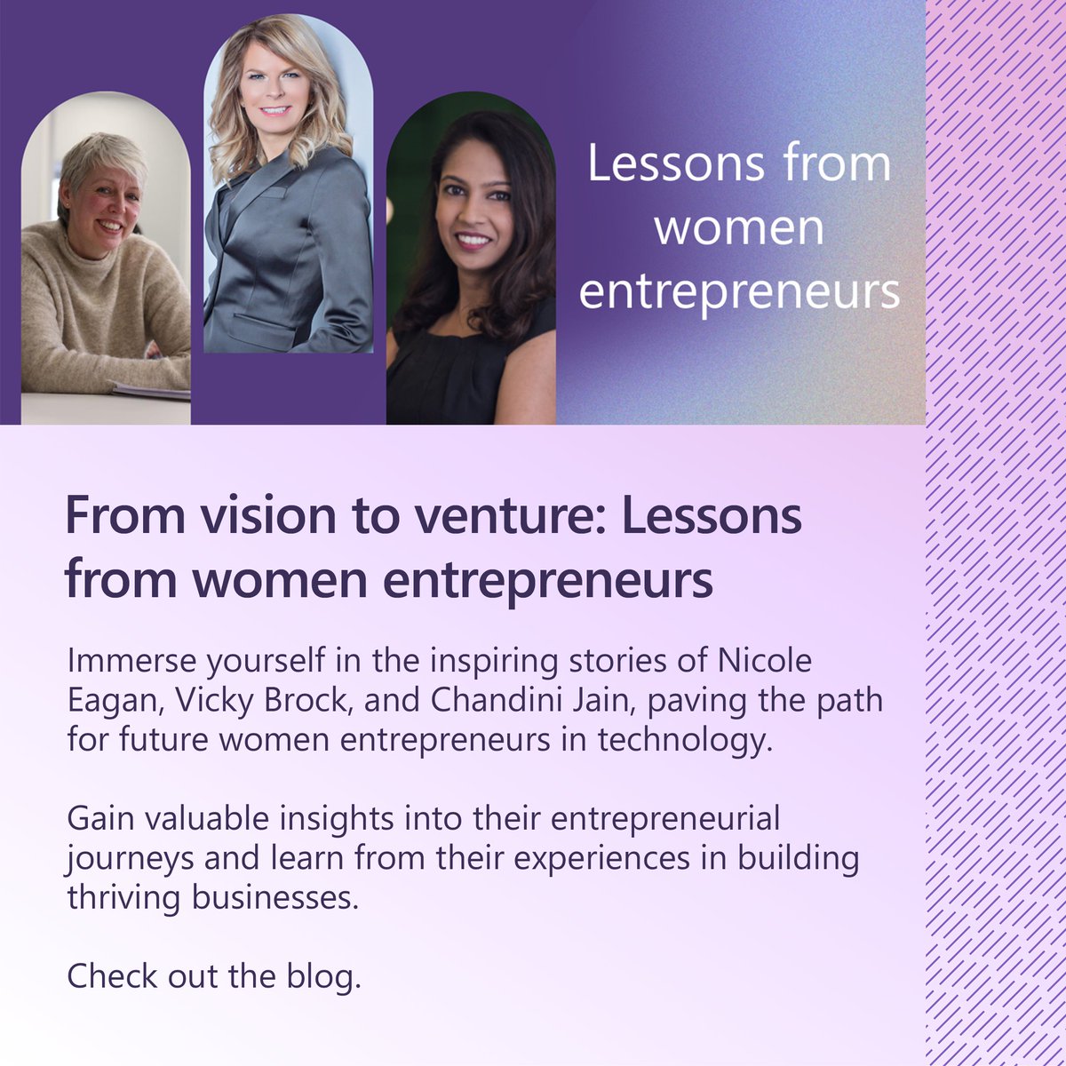Discover the stories of successful women entrepreneurs Nicole Eagan, Vicky Brock, & @chandinijain, leading the way in tech entrepreneurship. Learn from their successes, challenges, & lessons as they share their journeys building businesses. Read more: msft.it/6013YuO0h