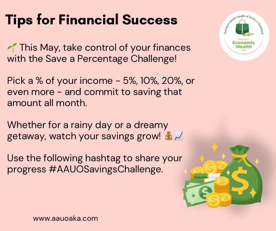 This May let's transform our approach to money, making saving not just a habit but a cornerstone of a thriving financial future. 

#TuneInSAR #AAUO #AKA1908 #BuildOurEconomicWealth #AAUOSavingsChallenge #money #savings