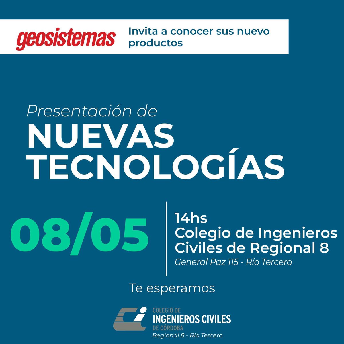 Atención Ingenieros Civiles de Córdoba. Los esperamos en la Regional el día miércoles para la presentación de Nuevas Tecnologías

#ingenieria #topografia #gnss