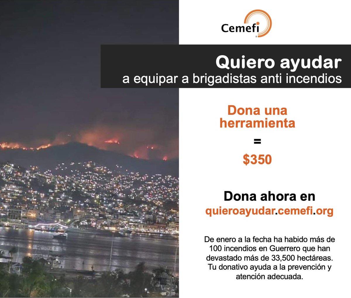 #GuerreroTeNecesita 🧡 🔥 Más de 100 incendios han devastado 40 mil hectáreas. 🌱⁠Menos árboles es igual a menos alimentos, menos agua y menos salud. 🙏 Entra a quieroayudar.cemefi.org y realiza un donativo para equipar a brigadistas voluntarios. #AcuérdateDeAcapulco #Cemefi