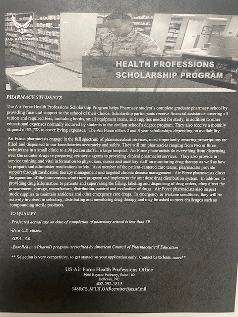 Outside scholarship opportunity current available to eligible students:
- Air Force PharmD Scholarship: