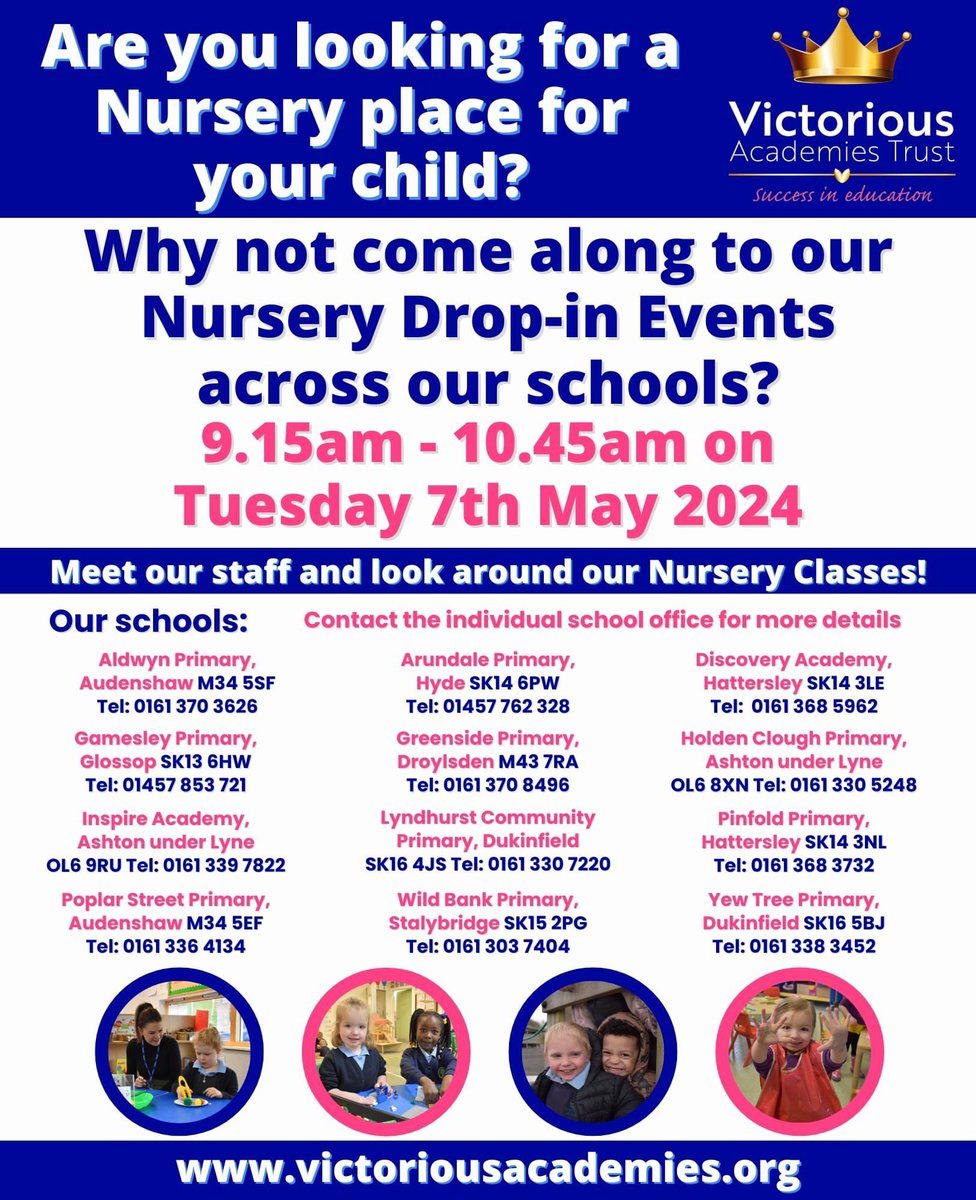 Are you looking for a Nursery place for your child? Why not come along to our school Nursery Drop-in Events next Tuesday 7th May 2024 at 9.15am, meet our staff and look around our Nursery classes #Nursery @jreynoldsMP @GwynneMP @AngelaRayner @WildBankPrimary @YewTreePrimSch