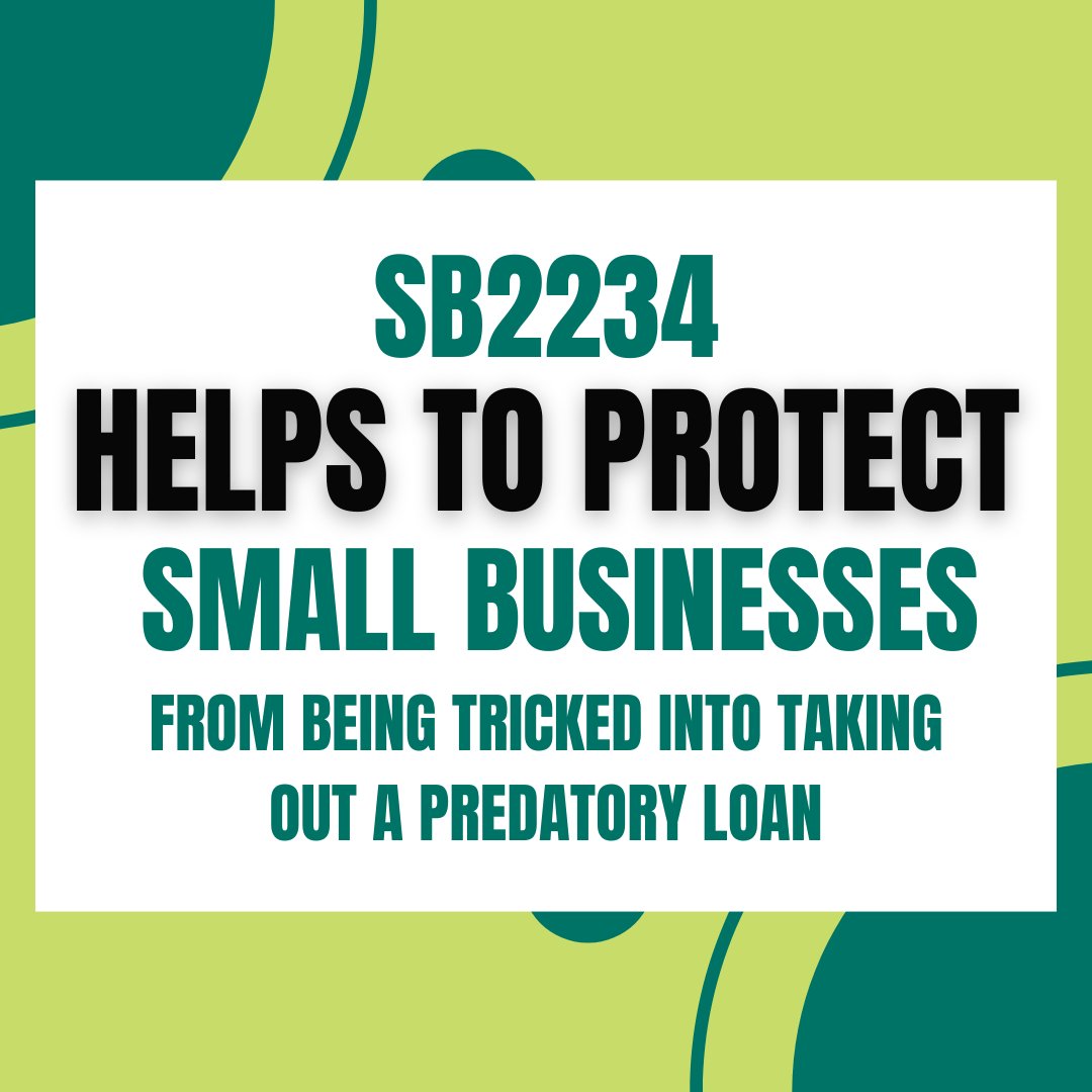 The Small Business Financing Transparency Act requires nonbank lenders to disclose the APR for all small business loans, helping protect small businesses from being tricked into taking out a predatory loan. #SupportSB2234 #twill @senatorbelt @ILSenDems @WoodstockInst