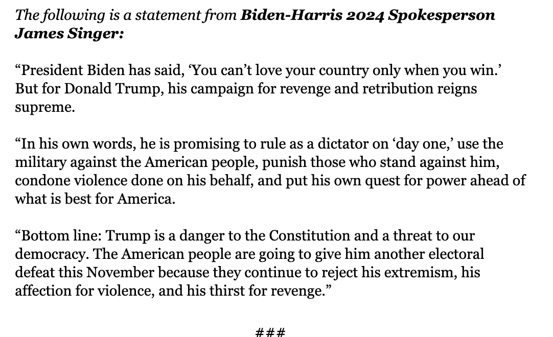 NEW: @JoeBiden campaign response to Trump refusing to accept 2020 and 2024 election results