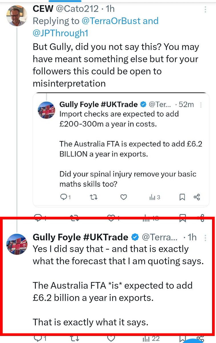 Hate to keep harking on about this, but Gully Foyle is continuing to lie.

For starters, it's NOT a forecast, and, further, none of the UK-Aus FTA Impact Assessments say the £6.2 billion 'projected' increase in UK exports is 'a year'. Gully has literally invented both of those.