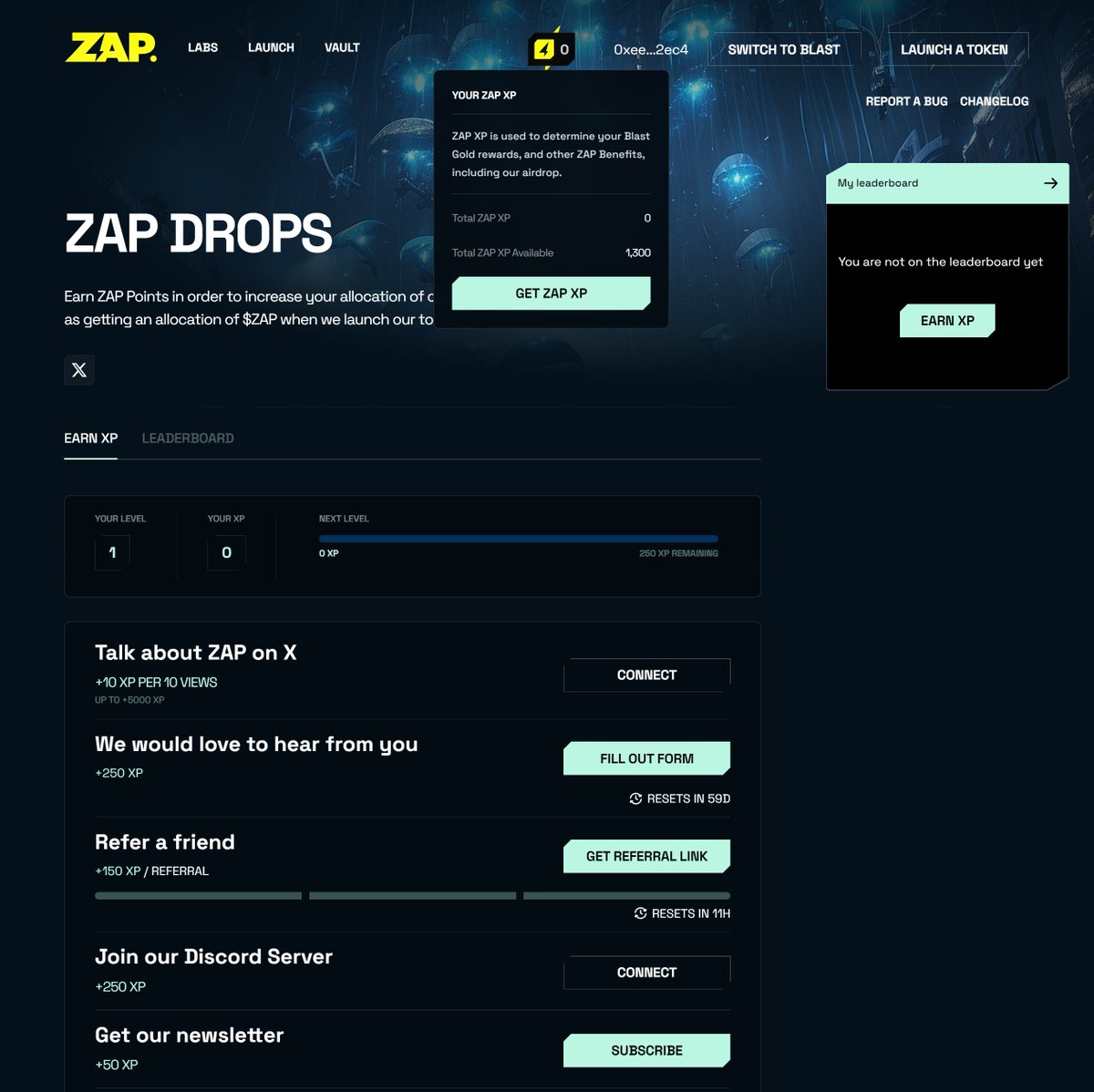 zap.tech/zap-invite/uqt…

GM   
Remember you can farm $ZAP and Blast Gold🪙 by earning XP on ZAP DROPS!  

Just head over zap.tech/zap-invite/uqt…  
to get ZAP XP.  The more XP you get, the more tokens and blast gold you'll get!