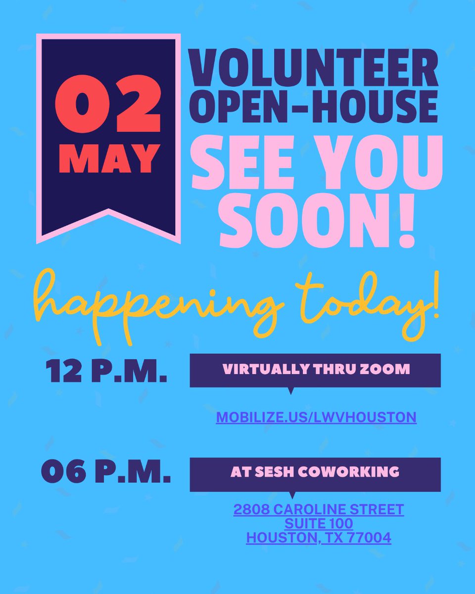 Join us TODAY online 💻 or in person 🥂 for our Volunteer Open House! Tag a friend and we'll see you there! Can't wait! #lwvhouston #houstonvoter #harrisvotes #houstonvolunteer #houstonnonprofit #houstonleadership #houstonyoungprofessionals