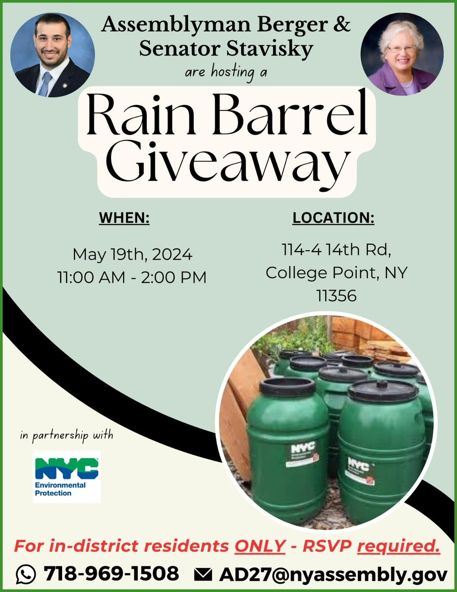 SamBergerNY's tweet photo. On Sun, May 19th Sen @tobystavisky &amp; I will be hosting a Rain Barrel #Giveaway &amp; Free Paper Shredding Event at the Poppenhusen Institute in College Point. With warm weather back, please join us for these two great events to help with your spring cleaning and garden prep! https://t.co/vLMKg4iJGj