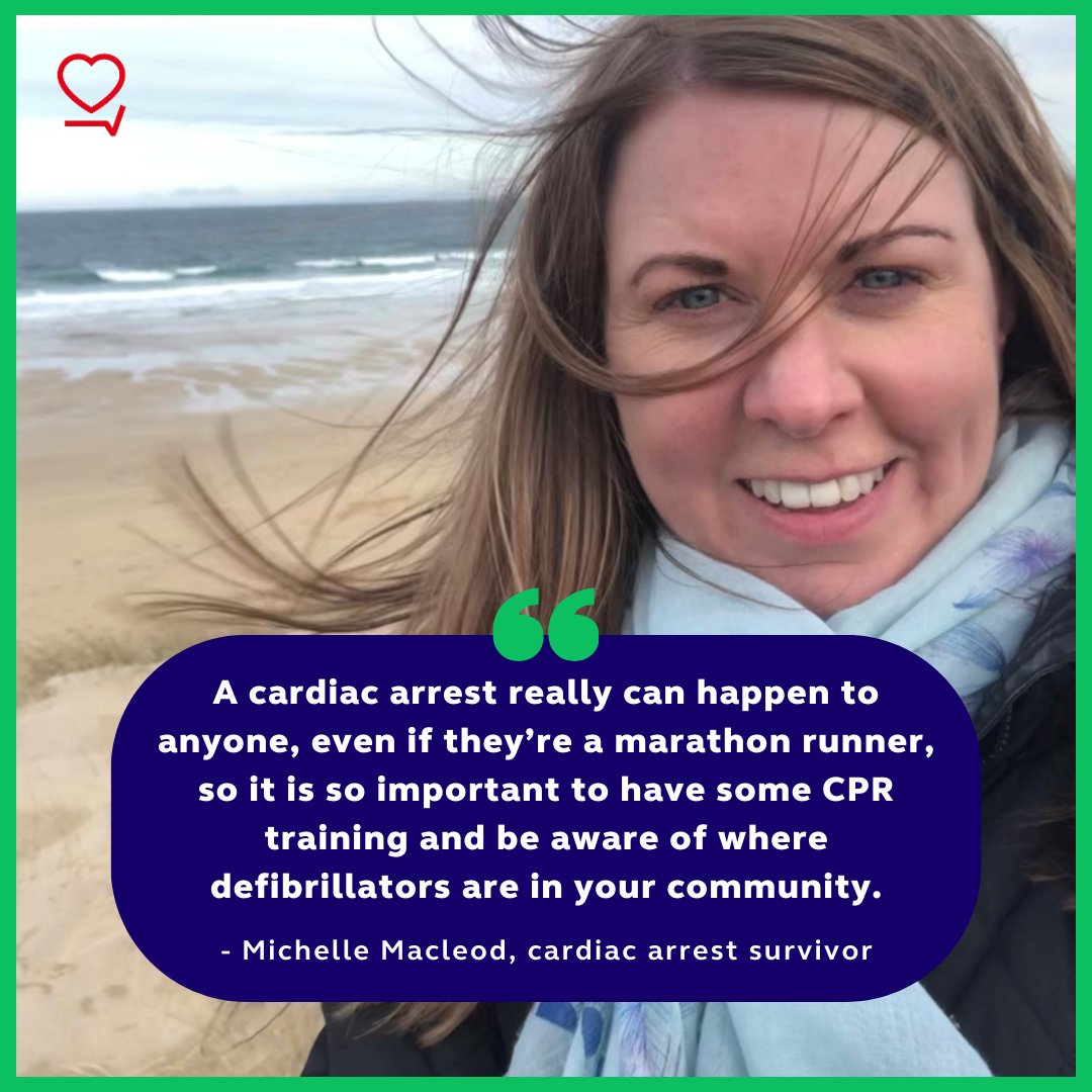 Marathon runner Michelle suffered a cardiac arrest after finishing a relay marathon event. Luckily, two nearby runners happened to be nurses who began CPR and found a defib.

When it comes to surviving a cardiac arrest #EverySecondCounts.

Read her story: resus.org.uk/about-us/news-…