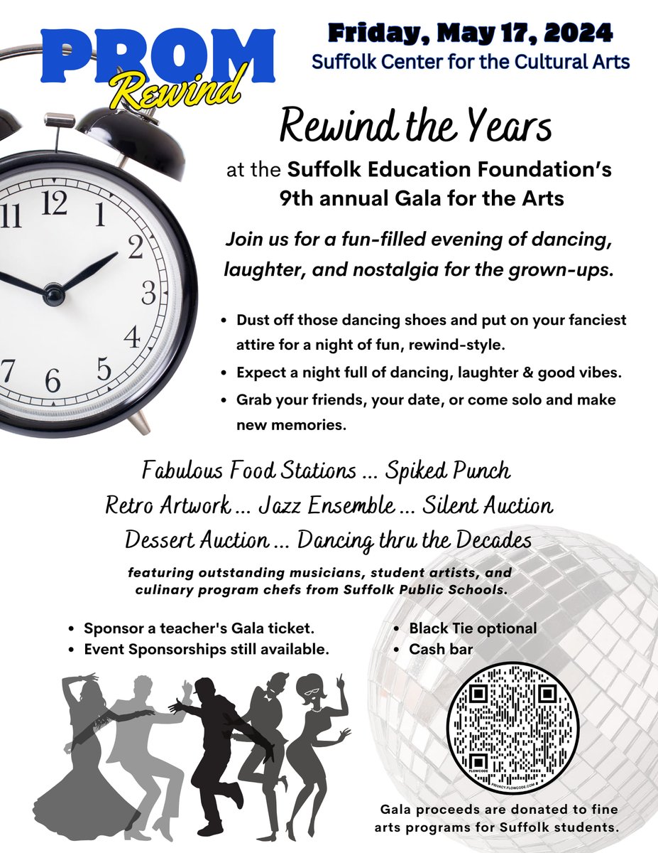 The Suffolk Education Foundation 9th Annual Gala For The Arts 'Prom Rewind' is quickly approaching. Get your tickets TODAY! Gala proceeds are donated to the arts program for Suffolk students.