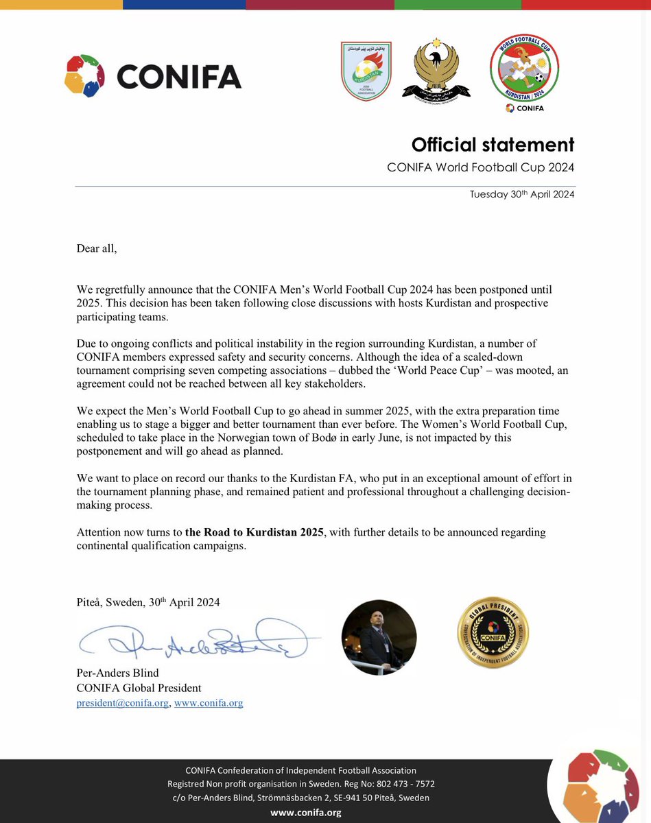 FutboliPolitica's tweet image. 🌍 CONIFA pospusó para el 2025 el mundial que se iba a jugar en junio en Kurdistán debido a los conflictos y la inestabilidad política en la región. El último mundial de las selecciones no reconocidas por la FIFA se jugó en el 2018.