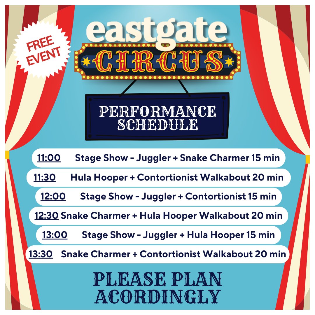 Here it is! Eastgate Circus Day Performance Schedule 🎉

In between acts, enjoy and refuel in our bustling food court🍴
Please plan your timings accordingly so you don't miss out. Don't be late! 🎪 
#CircusDay #EastgateExcitement