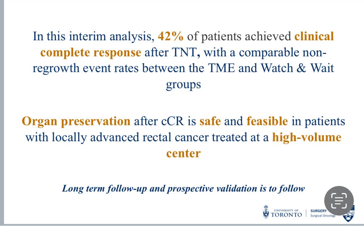 CSSO (@_csso) on Twitter photo Real world outcomes of TNT for locally advanced rectal cancer <a href="/dhhirpara/">Dhruvin Hirpara, MD</a> at #CSSO24
▶️Majority neoadjuvant CRT + consolidation chemotherapy
▶️42% cCR - 16% local regrowth, most salvageable
▶️No differences in non regrowth events TME vs watchful waiting
<a href="/stotsmd/">Peter Stotland</a> <a href="/UsmaanHameed/">Dr Üss</a> Real world outcomes of TNT for locally advanced rectal cancer <a href="/dhhirpara/">Dhruvin Hirpara, MD</a> at #CSSO24
▶️Majority neoadjuvant CRT + consolidation chemotherapy
▶️42% cCR - 16% local regrowth, most salvageable
▶️No differences in non regrowth events TME vs watchful waiting
<a href="/stotsmd/">Peter Stotland</a> <a href="/UsmaanHameed/">Dr Üss</a>
