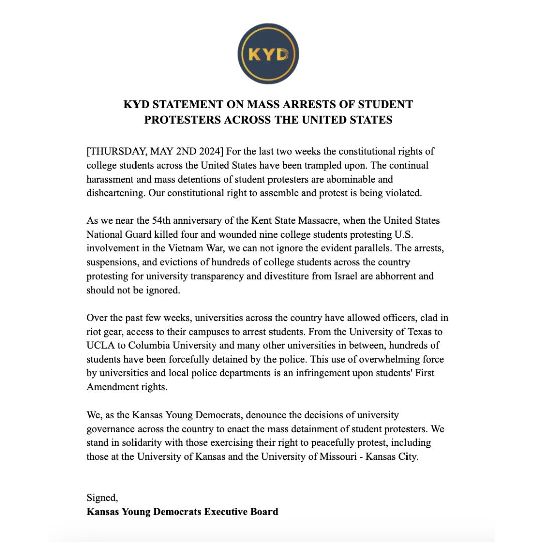 KYD statement on the treatment of students across the United States protesting for university transparency and divestiture from Israel.